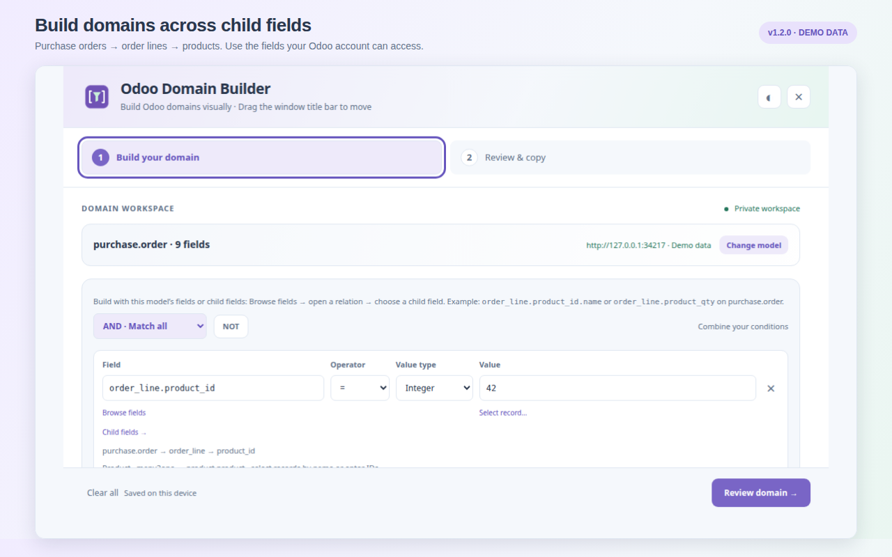 Odoo Domain Builder 1.2.0 building purchase-order filters with child fields