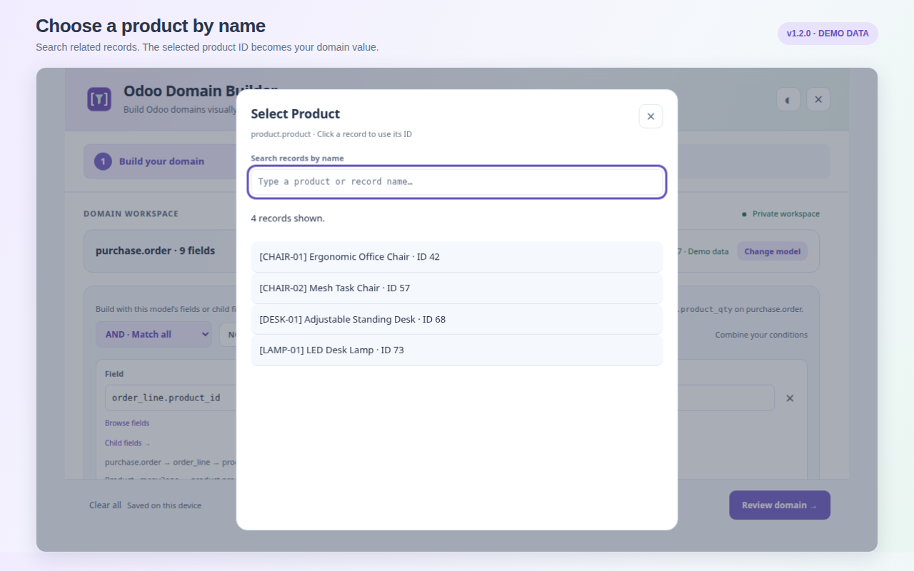 Select products by name; use their IDs automatically.